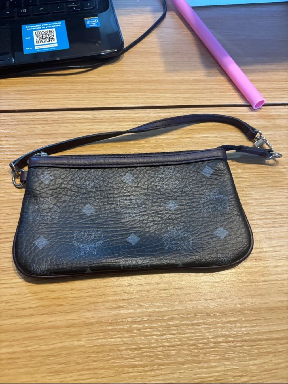 MCM Black and Dark Brown Monogram Wristlet Clutch - Picture 1 of 14